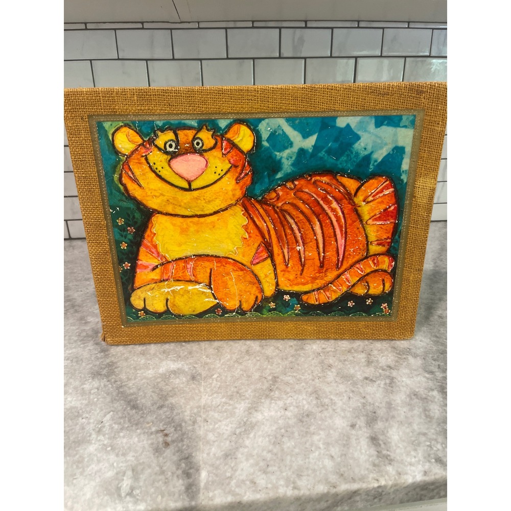 Vintage Photo Album Scrap Book Orange Tiger Burlap Spiral Bound Scrapbook Art